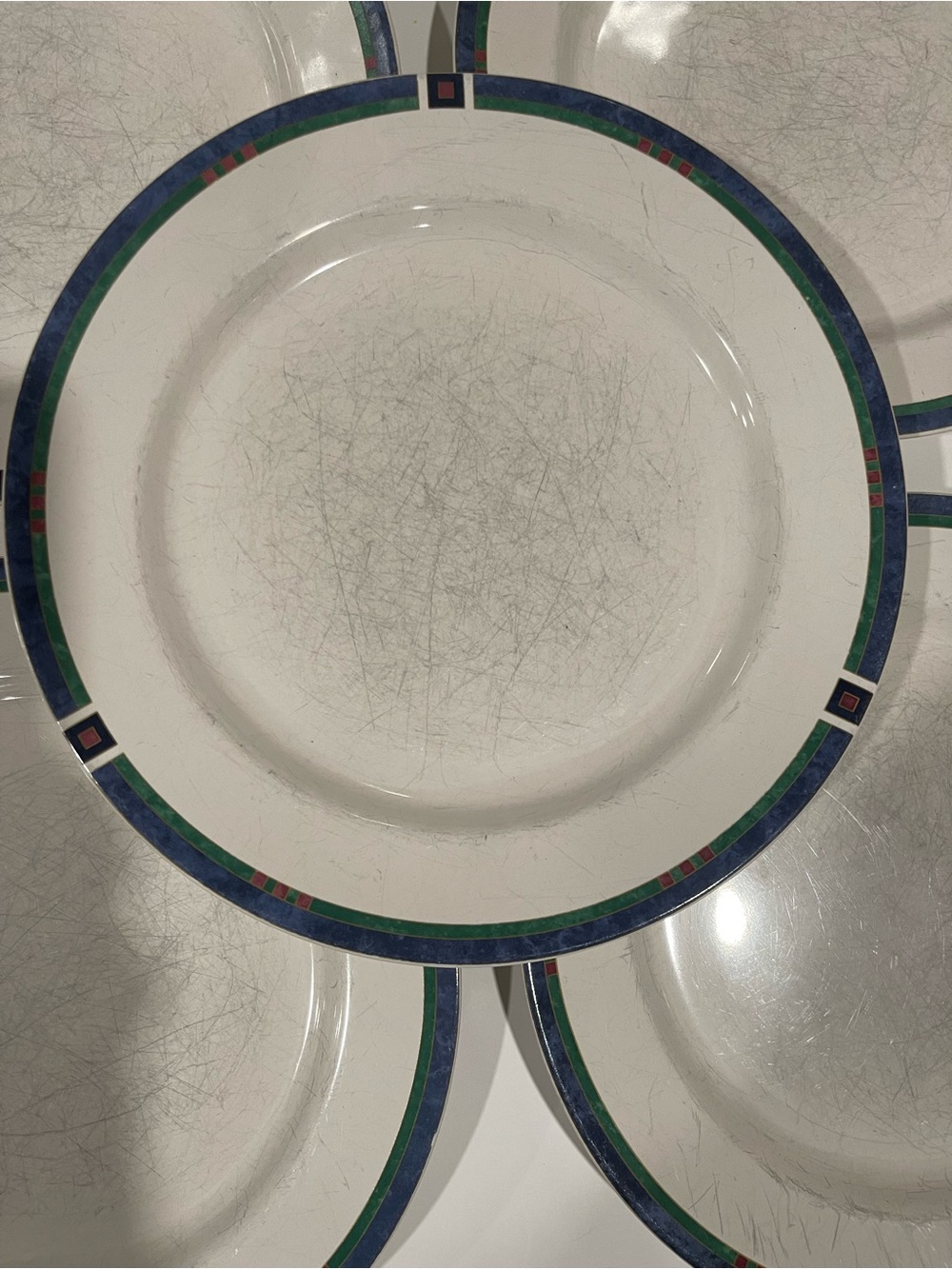 Vintage Pfaltzgraff Atalya White Dinner Plates with Blue and Green Border